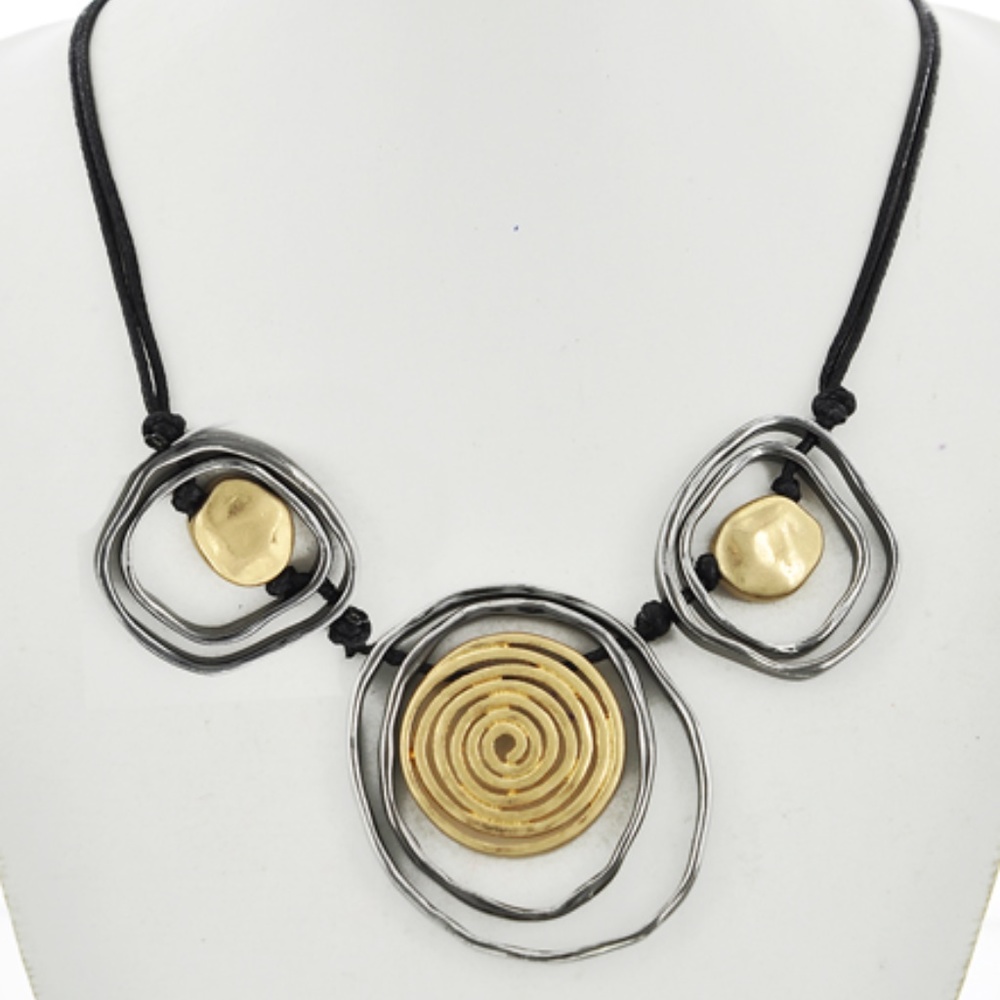 Black and matte gold disk necklace